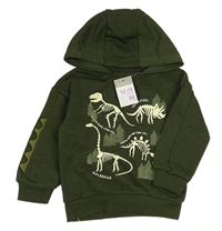 Nová - khaki melírovaná mikina s kostrami dinosaurů a ostny a kapucí PRIMARK