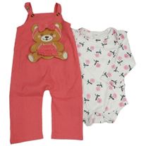 2Set - Růžové manšestrové laclové kalhoty s medvídkem + bílé body s růžemi a volánky 