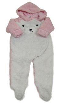 Bílo-světlerůžová huňatá podšitá kombinéza s medvídkem a kapucí zn. dopodopo