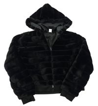 Černý žebrovaný kožešinový podšitý crop bomber s kapucí SHEIN