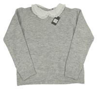 Nové - šedý melírovaný svetr s bílým límečkem s madeirou PRIMARK