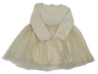 Smetanové žinylkové šaty s pudrovým tylem se zlatými puntíky H&M