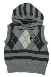 Šedo-tmavomodrá melírovaná svetrová vesta s nášivkami a károváním a pruhy a kapucí Next