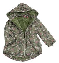 Khaki-tmavokhaki kostkovaná šusťáková jarní zateplená parka s kytičkami a kapucí 