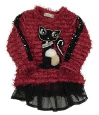 Vínový chlupatý svetr s kočičkou s korálky a kamínky a flitry a černým síťovaným volánkem Sofia