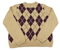 Béžovo-mahagonový károvaný pletený svetr DESTINATION