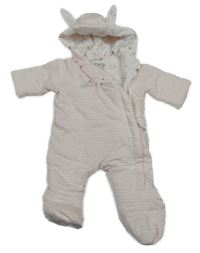 Světlerůžovo-bílá pruhovaná zateplená kombinéza se zajíčkem a kapucí s oušky F&F