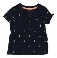 Tmavomodré melírované tričko s bílými kotvami a kapsou C&A