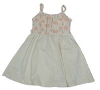 Bílo-světlerůžové letní šaty s puntíky a 3D květy 