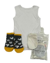 5set - Bílé body + tmavošedé ponožky s Mickeym + 3x smetanové rukavičky
