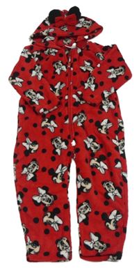 Červená puntíkatá chlupatá kombinéza s Minnie a kapucí Disney