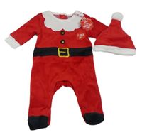 Nové - 2set - Červeno-bílý sametový overal - Santa + čepice