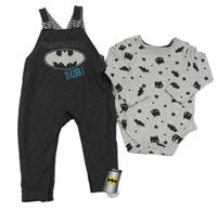 Nové - 2set - Antracitové melírované laclové tepláky s netopýrem - Batman + šedé melírované body George