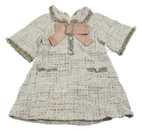 Bílo-barevné třpytivé šaty s límečkem a mašlí s kamínky