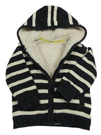 Černo-béžový pruhovaný zateplený propínací svetr s kapucí M&S