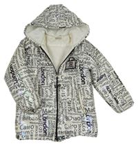 Bílá lesklá koženková zimní bunda s nápisy a kapucí