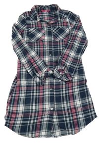 Tmavomodro-bílo-růžové kostkované propínací košilové šaty Yd.