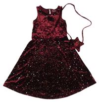 2set - Vínové třpytivé sametové šaty + kabelka Nutmeg