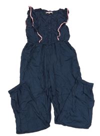 Tmavomodrý lehký kalhotový overal s volánky Pocopiano