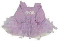 Lila mušelínovo/tylové šaty s nápisem a motýly