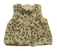 Světlbéžovo-hnědá leopardí kožešinová podšitá vesta s mašlí 