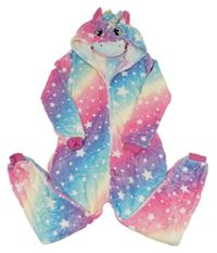 Barevná plyšová kombinéza s hvězdičkami a kapucí - jednorožec