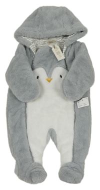 Nové - šedo-bílá chlupatá podšitá kombinéza s tučňákem a kapucí 