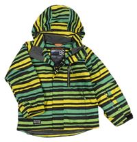 Zeleno-černo-žlutá pruhovaná šusťáková funkční lyžařská bunda s kapucí