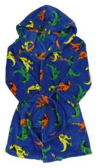 Modro-barevný chlupatý župan s dinosaury a kapucí