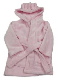 Růžový plyšový župan s nápisem a kapucí 