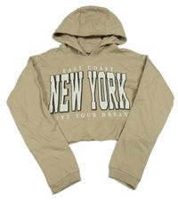 Béžová crop mikina s nápisem a kapucí 
