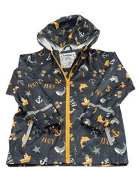 Tmavomodro-oranžová nepromokavá bunda s velrybami a kapucí Lupilu