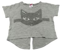 Šedé melírované svetrové tričko s kočkou s flitry Yigga