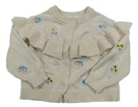 Béžový květovaný propínací svetr s volánkem 