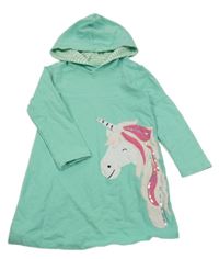 Mintové teplákové šaty s jednorožcem a kapucí 