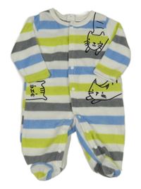 Bílo-šedo-zeleno-modrý pruhovaný fleecový overal s kočičkami Shein