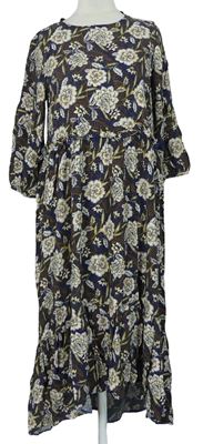 Dámské tmavomodro-hnědé květované midi šaty Primark 