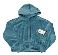 Nové- Petrolejová plyšová crop mikina se smajlíky a kapucí 