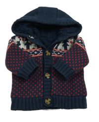 Tmavomodro-šedo-červený vzorovaný zateplený propínací svetr s kapucí George