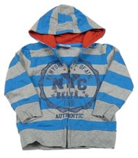 Modro-šedá pruhovaná propínací mikina s potiskem a kapucí Topolino