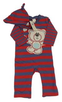 Nové - 2set - Tmavomodro-červený pruhovaný overal s medvídkem + čepice 