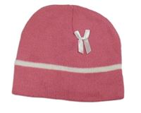 Růžová pletená čepice s proužkem a mašlí