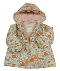 Smetanová květovaná šusťáková zateplená bunda s kapucí Mothercare