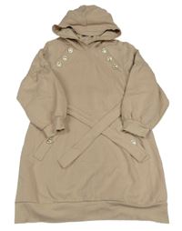 Béžové teplákové šaty s knoflíky, páskem a kapucí River Island