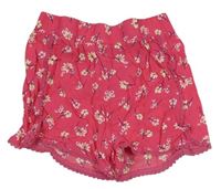 Tmavorůžové květované volné kraťasy s ozdobným lemem Primark 