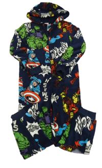 Tmavomodrá chlupatá kombinéza s hrdiny a kapucí Marvel