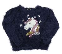 Tmavomodrý chlupatý svetr s jednorožcem Alive 