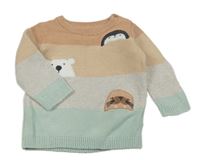 Světlezeleno-šedo-oranžový pruhovaný svetr se zvířátky F&F