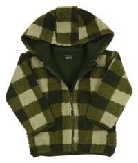 Khaki-olivová kostkovaná huňatá propínací mikina s kapucí Primark