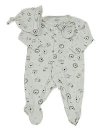 Nové - 3set - Bílý overal se zvířátky + čepice + rukavice Pure baby